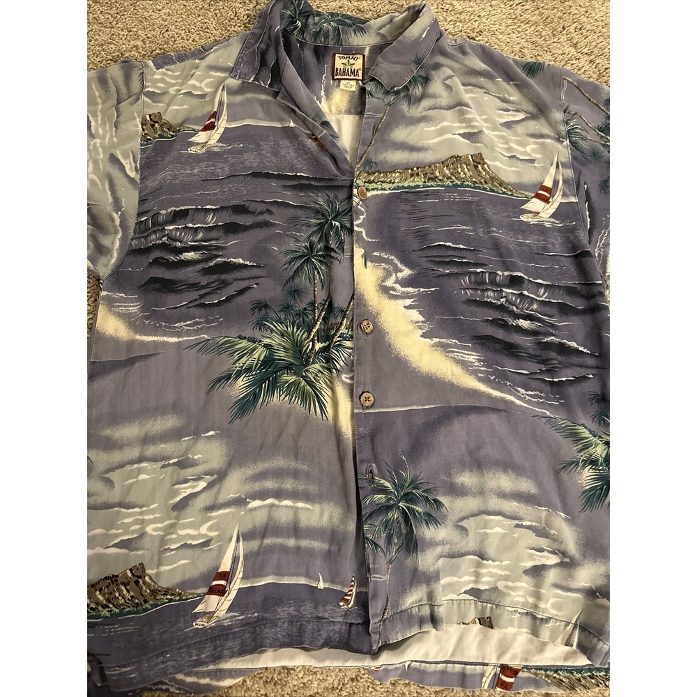 Tommy Bahama Mens XL Silk Hawaiian Shirt Blue Tropical Sailboat Island Print - Picture 2 of 9